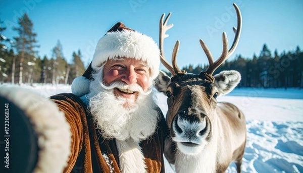 Obraz Santa Claus Takes a Selfie with a Reindeer in a Snowy Winter Landscape