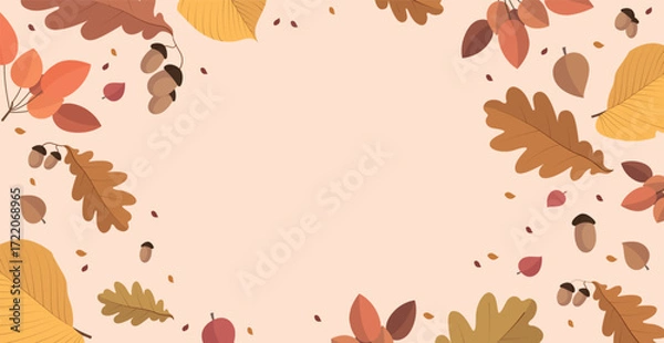 Fototapeta Abstract autumn web background template with many different leaves - Vector illustration