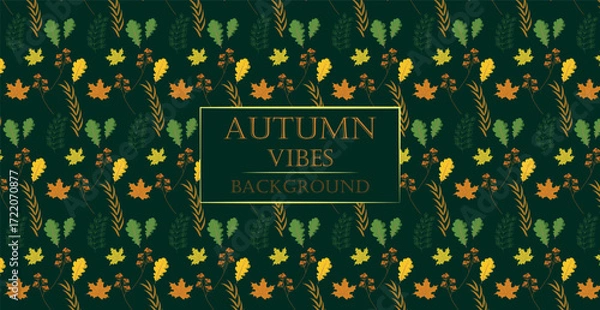 Fototapeta Autumn leaves set isolated on green panoramic background pattern - Vector illustration