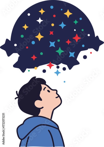 Fototapeta Boy looking up at a sky full of colorful stars imagination concept