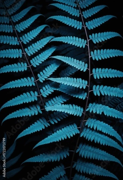 Fototapeta Blue Fern Leaves Create Serene, Botanical Pattern Against Dark Background, Smartphone Screensaver.