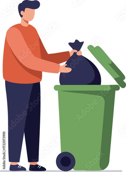 Fototapeta Man throwing trash bag into green recycle bin container cleanup
