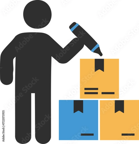 Fototapeta Person marking boxes with marker symbol for shipping and delivery