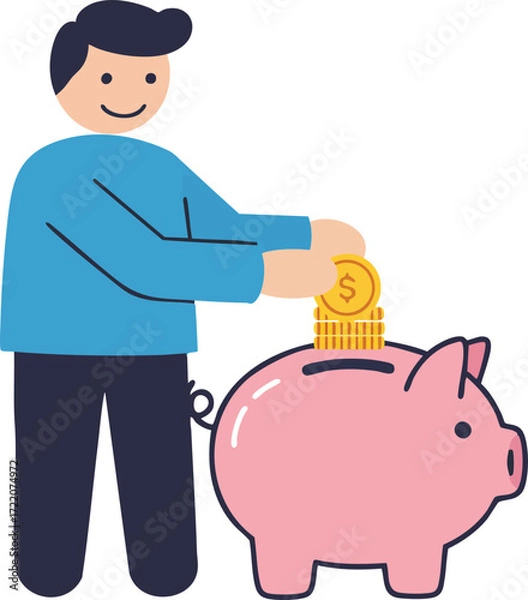 Fototapeta Man puts a coin into a piggy bank, saving, investment, savings