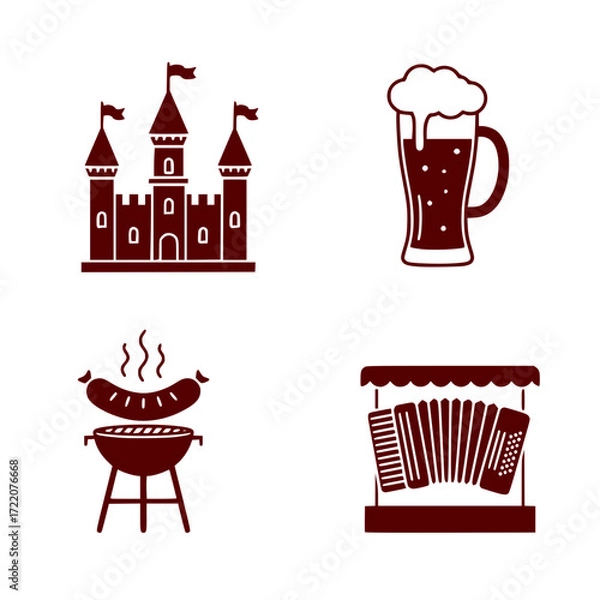 Fototapeta Beer mug with grilling sausages and castle background symbols - Funny oktoberfest vector icons in a set 