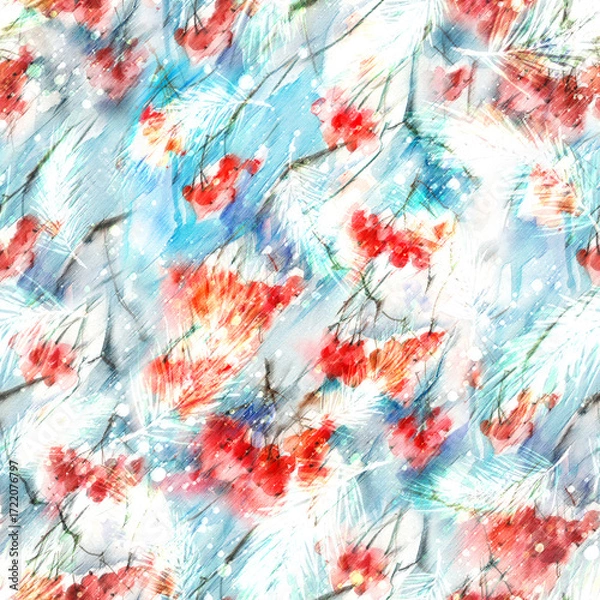 Fototapeta Watercolor viburnum, rowan and elder branches seamless pattern, hand painted.Watercolor Branch, bunch of  berries of mountain ash.scarf,fabric, material.Abstract art background for beautiful design