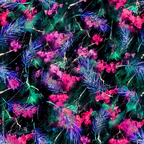 Fototapeta Watercolor viburnum, rowan and elder branches seamless pattern, hand painted.Watercolor Branch, bunch of  berries of mountain ash.scarf,fabric, material.Abstract art background for beautiful design