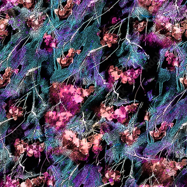 Fototapeta Watercolor viburnum, rowan and elder branches seamless pattern, hand painted.Watercolor Branch, bunch of  berries of mountain ash.scarf,fabric, material.Abstract art background for beautiful design