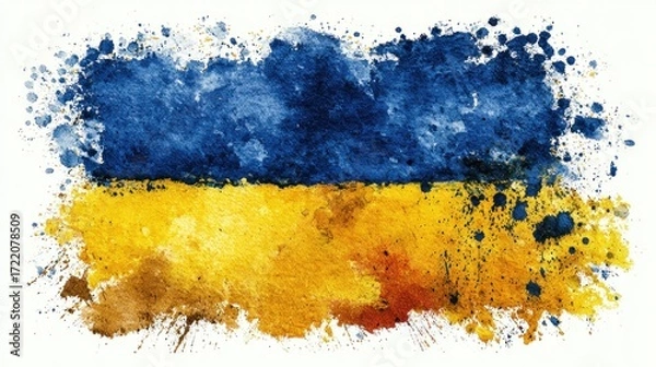 Fototapeta Vibrant watercolor design of the Ukrainian flag with splashes of color on a white background