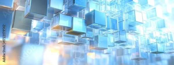 Fototapeta Contemporary design with floating transparent cubes in blue tones and warm highlights