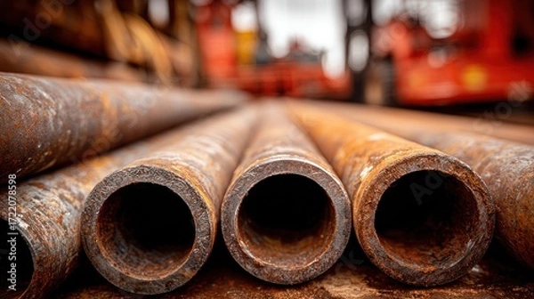 Fototapeta Rusty metal pipes stacked at a construction site during overcast weather