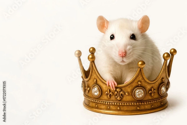 Fototapeta A white rat is sitting in a golden crown. Space for text.