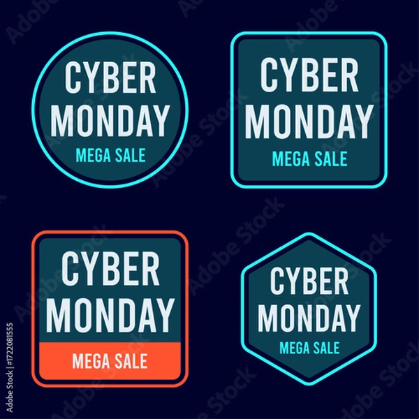 Fototapeta Four distinct cyber monday mega sale badges and labels with varying shapes and colors for online shopping promotions