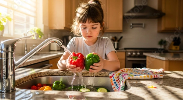Fototapeta A diligent young girl washes vibrant bell peppers in a bright kitchen, actively engaging in Quick Healthy Meal Prep, fostering early nutrition habits for wholesome family meals