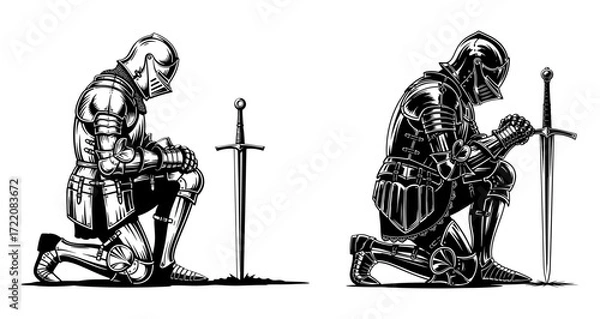 Fototapeta Vector art of two knights kneeling in prayer, a black and white vector illustration of medieval warrior