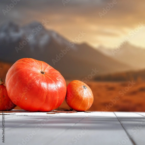 Fototapeta Rustic autumn still life with pumpkins placed on wooden table, blurred fall landscape with autumn background. Seasonal marketing, farm-to-table concepts and thanksgiving themes.