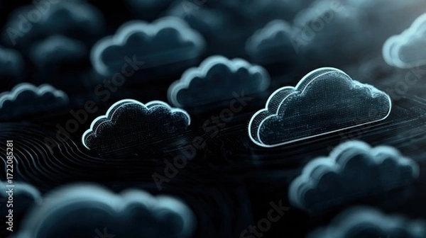 Fototapeta Clouds floating in the digital space represent technology and data connectivity in modern systems