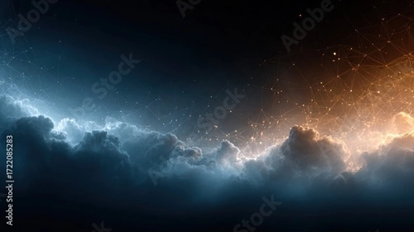 Fototapeta Stunning digital clouds with contrasting colors and glowing particles at twilight