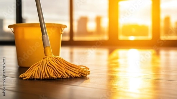 Fototapeta Mop and bucket placed on a shiny floor with sunset light in a clean room