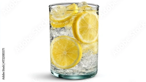 Fototapeta Lemon slices float in a refreshing glass of sparkling water filled with ice