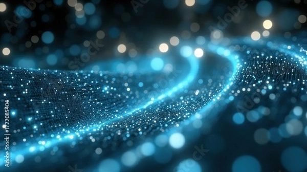 Fototapeta Flowing blue light particles create a stunning visual effect in a dark space