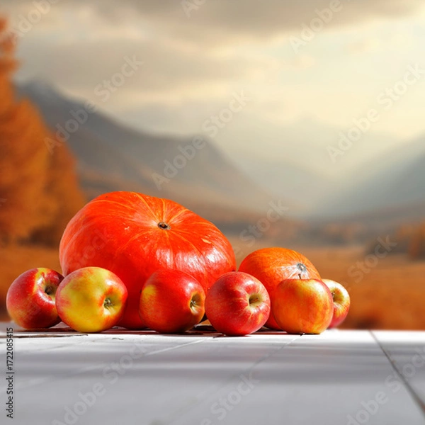 Fototapeta Rustic autumn still life with pumpkin and fresh apples placed on wooden table, blurred fall landscape with autumn background. Seasonal marketing, farm-to-table concepts and thanksgiving themes.