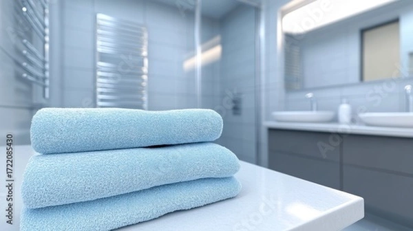 Fototapeta Soft blue towels neatly stacked on a bathroom counter with modern fixtures and bright lighting