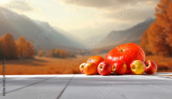 Fototapeta Rustic autumn still life with pumpkin and fresh apples placed on wooden table, blurred fall landscape with autumn background. Seasonal marketing, farm-to-table concepts and thanksgiving themes.