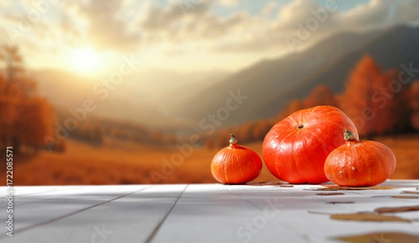 Fototapeta Rustic autumn still life with pumpkins placed on wooden table, blurred fall landscape with autumn background. Seasonal marketing, farm-to-table concepts and thanksgiving themes.