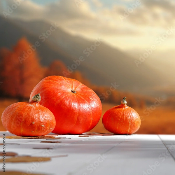 Fototapeta Rustic autumn still life with pumpkins placed on wooden table, blurred fall landscape with autumn background. Seasonal marketing, farm-to-table concepts and thanksgiving themes.