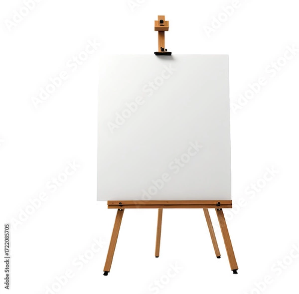 Fototapeta Blank canvas on easel, studio backdrop, art mockup