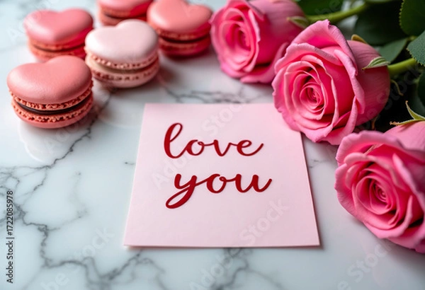 Obraz A elegant Valentine's Day setup: heart-shaped macarons, pink roses, and a love letter on a marble surface. Soft pink and red tones.