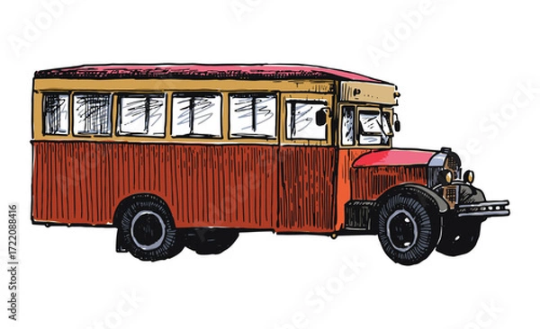 Fototapeta Old red passenger bus, side view, realistic sketch, vector outline hand drawn illustration on white background