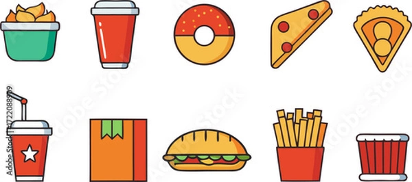 Fototapeta Collection of flat fast food icons representing popular items like burgers fries pizza and drinks for quick service restaurants