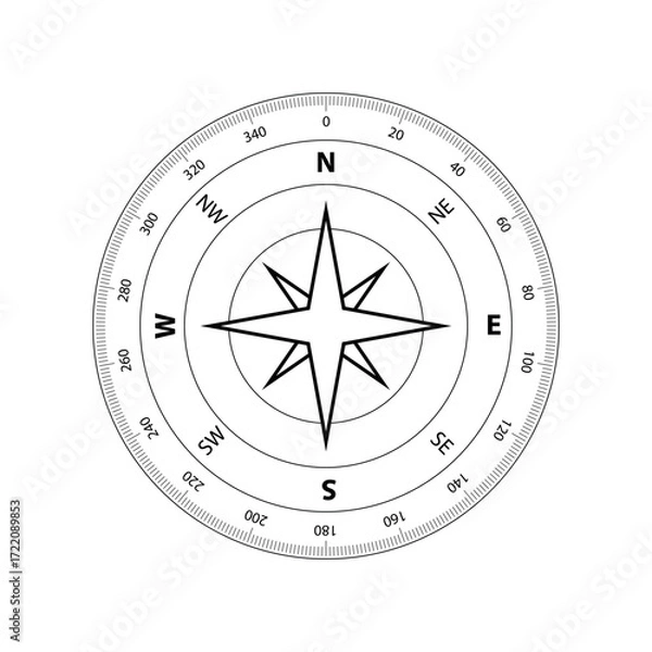 Fototapeta Vector Compass Dial Icon for Navigation. Travel Compass Rose Illustration, Nautical Compass for Adventure, Journey and Tourism Design. Vintage Compass Map Element, Directional Symbol