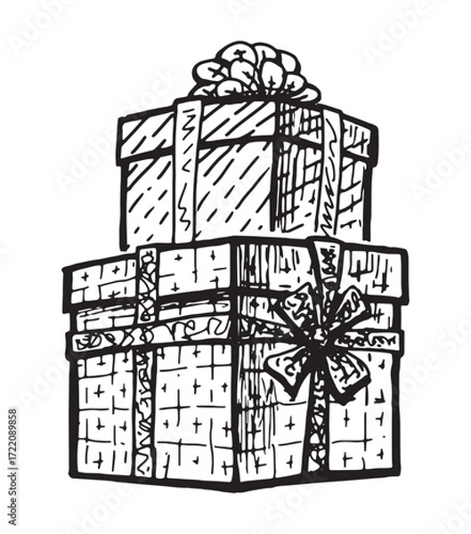 Fototapeta Two gift boxes for birthday, christmas, anniversary, contour hand drawing, vector illustration, isolated on white background