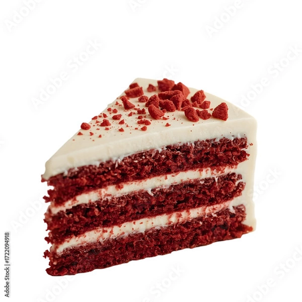 Fototapeta Decadent Delight: A mouthwatering slice of a classic red velvet cake, a symphony of rich red layers, smooth white frosting, and the perfect touch of crumbled red velvet for the finishing flourish.