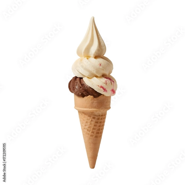 Fototapeta Multi-flavored Ice Cream Delight: A single ice cream cone with a delightful swirl of three different ice cream flavors, showcasing the vibrant colors and textures.