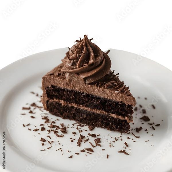 Fototapeta Decadent Delight: A slice of rich, layered chocolate cake adorned with swirls of chocolate frosting and delicate chocolate shavings, beautifully presented on a pristine white plate.