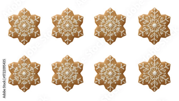 Fototapeta Snowflake Delight: An array of intricate, festive snowflake cookies, each meticulously decorated with white icing, embody the charm of winter holidays and seasonal celebrations.