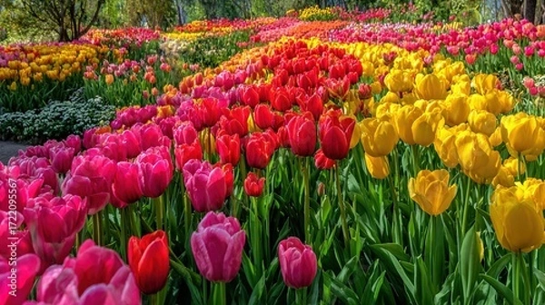 Fototapeta   A field with diverse-colored tulips, trees in the background, and bushes in the foreground