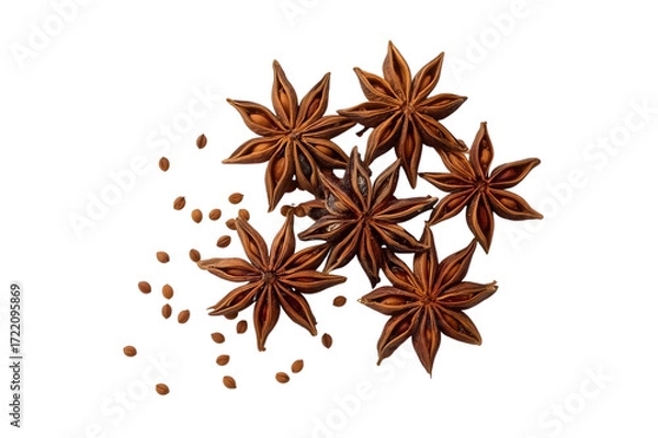 Fototapeta Aromatic Star Anise: A close-up shot showcases star anise, a spice that evokes warmth and depth, its intricate star shape, accompanied by scattered seeds, creates an aesthetically pleasing visual.
