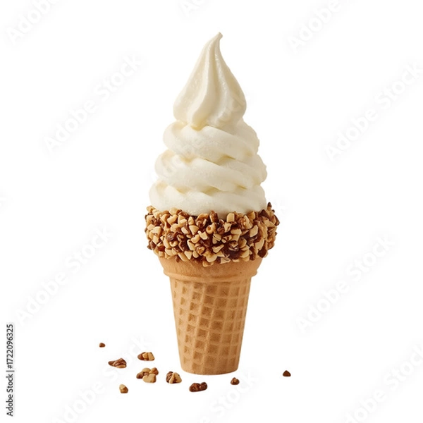Fototapeta Ice Cream Cone: A perfectly swirled ice cream cone is adorned with crushed nuts, offering a delightful combination of textures and flavors, ready to be savored