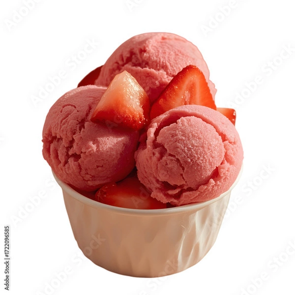 Fototapeta Strawberry Ice Cream Delight: A delectable scoop of strawberry ice cream is elegantly presented in a pristine container. Garnished with fresh strawberry slices.
