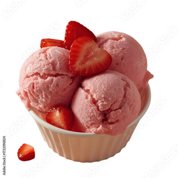 Fototapeta Strawberry Ice Cream Delight: A creamy strawberry ice cream scoops nestled in a charming bowl, adorned with fresh strawberry slices, offering a refreshing and delectable treat.