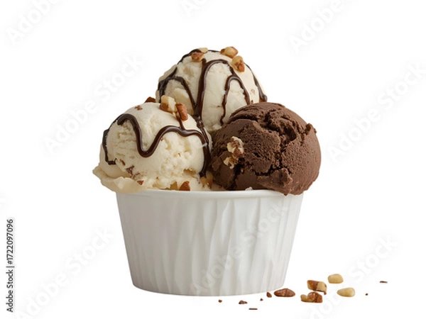 Fototapeta Ice Cream Delight: A tempting trio of ice cream scoops in a classic paper cup. Each scoop offers a unique flavor and garnish for maximum taste and pleasure.
