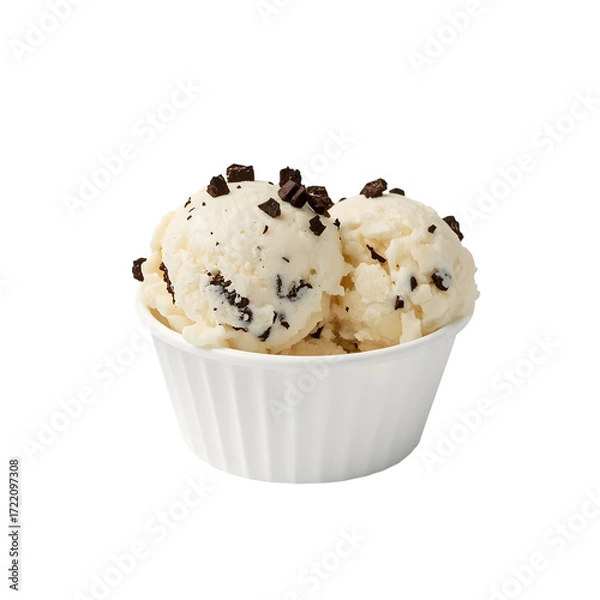 Fototapeta Sweet Delight: A refreshing and delicious scoop of ice cream, adorned with delightful chocolate chips, is presented in a simple, classic white paper bowl, inviting indulgence and joy.