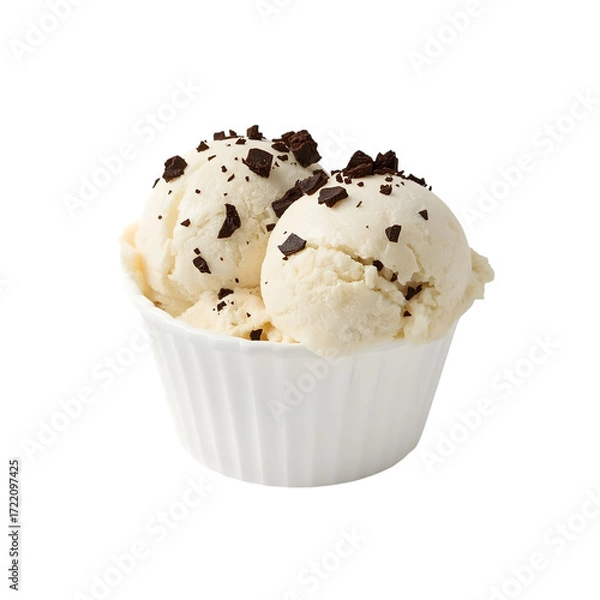 Fototapeta Vanilla ice cream delight: A close-up shot of a delectable scoop of vanilla ice cream in a small, elegant cup. Scattered on top are small pieces of dark chocolate.