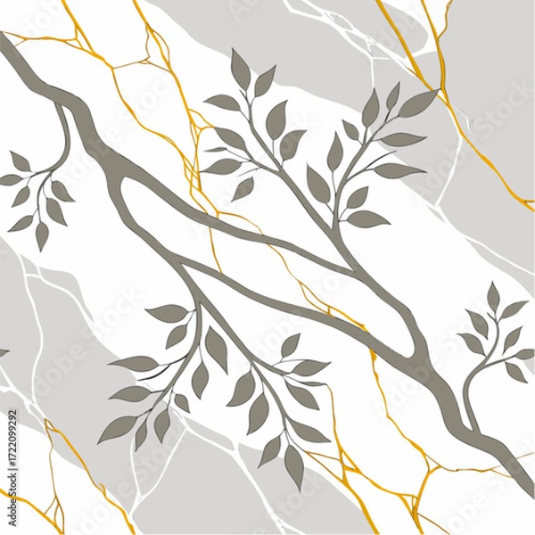 Fototapeta Elegant Gray and Gold Marble Pattern with Branches and Leaves.