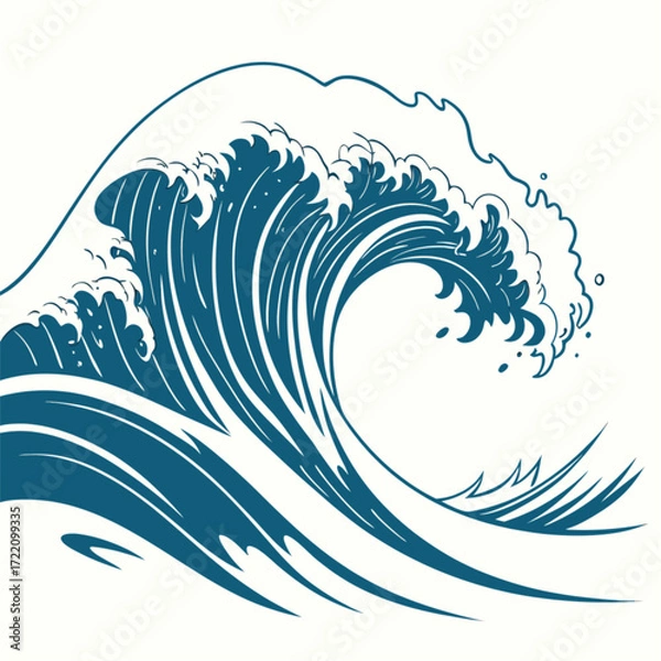 Fototapeta Stylized Blue Wave Illustration with Cresting Foam and Dynamic Curves.